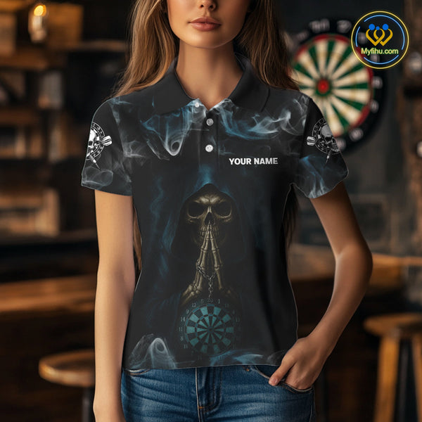 Custom Black And Blue Smoke Grim Reaper Skull Dart Women Polo Shirt, Halloween Dart Outfit NYN0390
