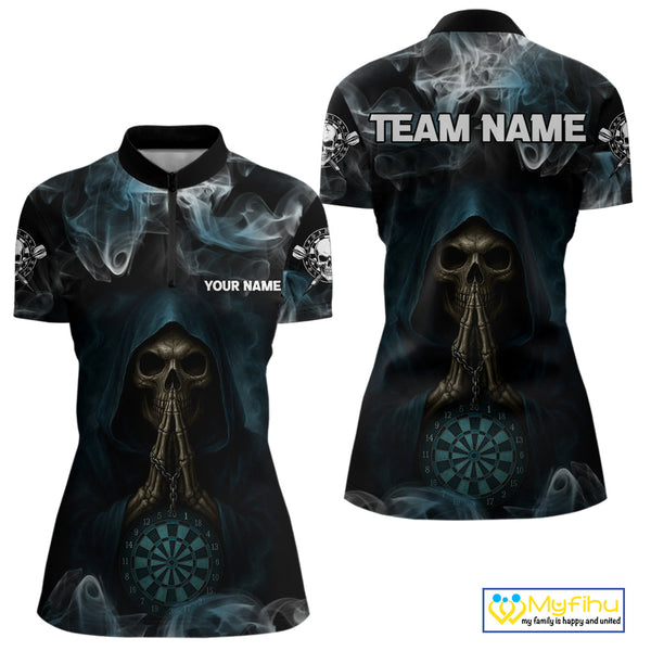 Custom Black And Blue Smoke Grim Reaper Dart Women Quarter-Zip Shirt, Halloween Outfit NYN0390