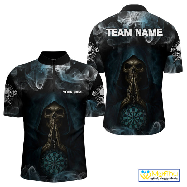 Custom Black And Blue Smoke Grim Reaper Skull Dart Men Quarter-Zip Shirts, Halloween Dart Outfit NYN0390