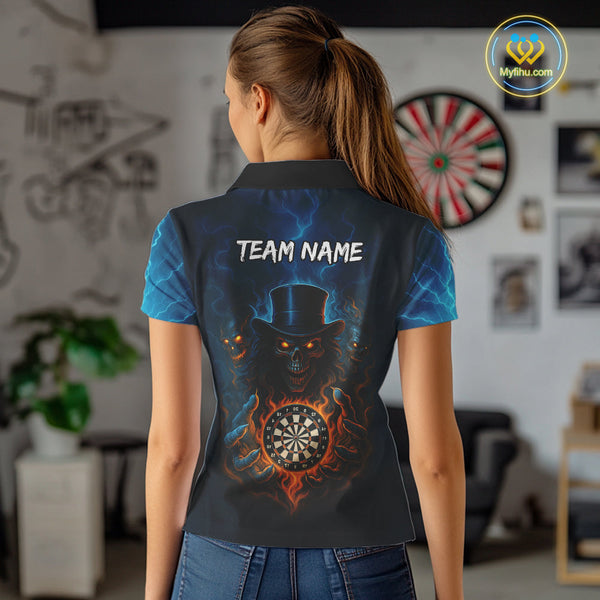 Custom Blue Thunder Lightning Flame Skull Dart Team Women Polo Shirts, Halloween Outfit NYN0392