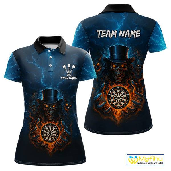 Custom Blue Thunder Lightning Flame Skull Dart Team Women Polo Shirts, Halloween Outfit NYN0392