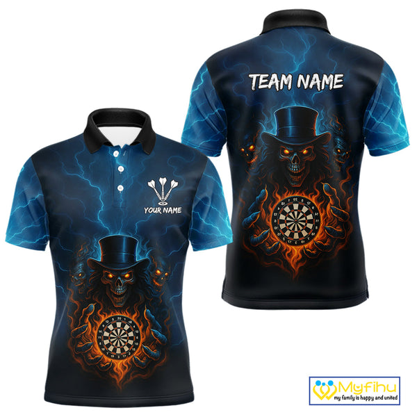 Custom Blue Thunder Lightning Flame Skull Dart Team Polo Shirts For Men, Halloween Outfit NYN0392