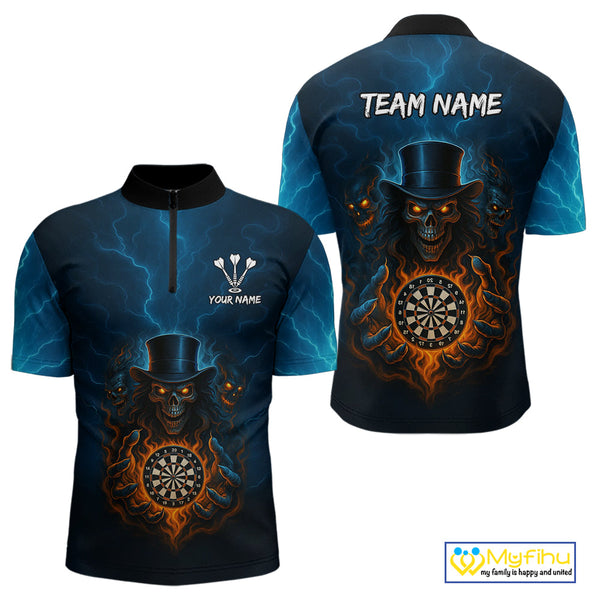 Custom Blue Thunder Lightning Flame Skull Dart Team Quarter-Zip Shirts For Men, Halloween Outfit NYN0392