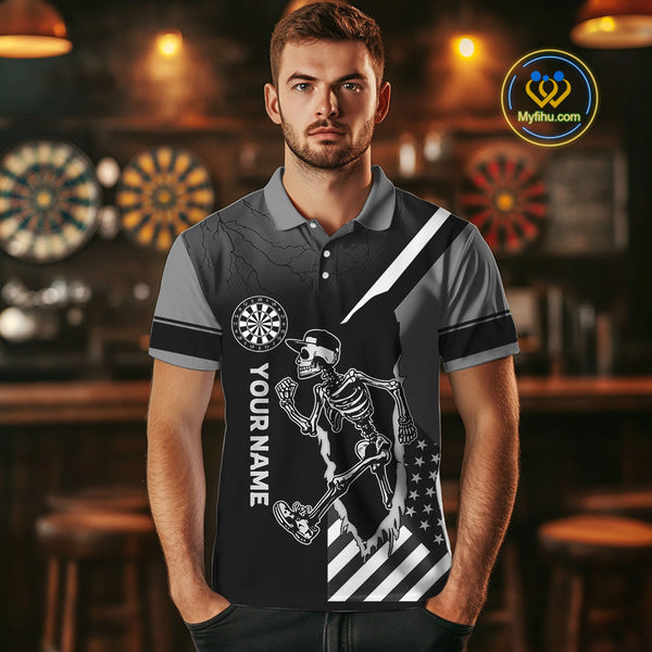 Custom Funny Black And White Skeleton Patriotic Dart Team Men Polo Shirts, Halloween Outfit NYN0055