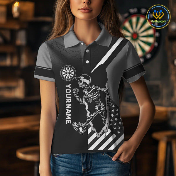 Custom Funny Black And White Skeleton Patriotic Dart Women Polo Shirts, Halloween Outfit NYN0055