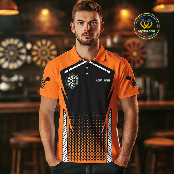 Custom Black And Orange Dart Jerseys, Dart Team Polo Shirts For Men Dart League Shirt NYN0059