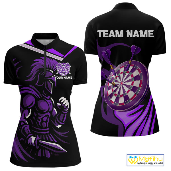 Custom Purple Flame Powerful Dart Warrior Women Quarter-Zip Shirt, Dart Team League Shirt NYN0397