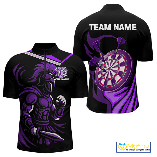 Custom Purple Flame Powerful Dart Warrior Quarter-Zip Shirts For Men, Dart Team League Shirt NYN0397