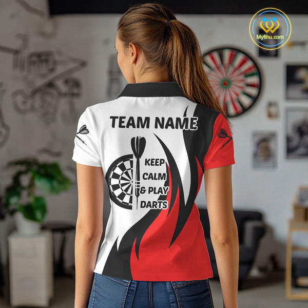 Custom Red Flame Darts Women Polo Shirts Sayings Keep Calm And Play Dart, Funny Dart Shirt NYN0061