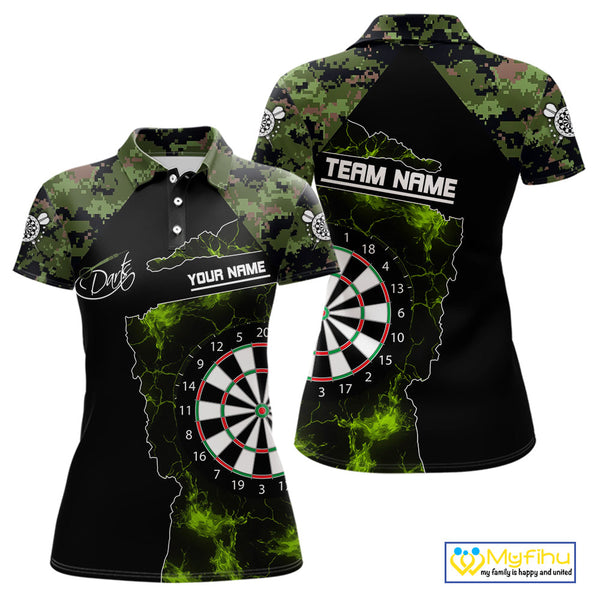 Custom Green Camouflage Darts Team Women Polo Shirts, Green Camo Dart League Shirt NYN0063
