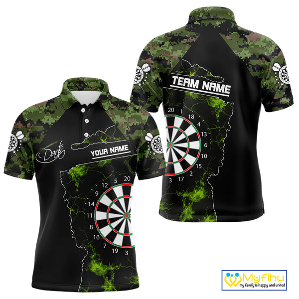 Custom Green Camouflage Darts Team Men Polo Shirts, Green Camo Dart League Shirt NYN0063