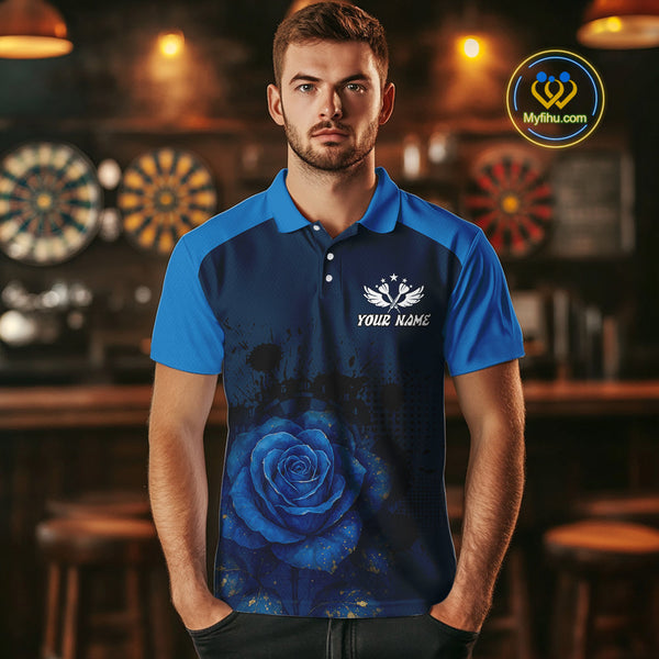 Custom Black And Blue Roses Dart Polo Shirt For Men, Dart Jerseys Team Uniform NYN0410