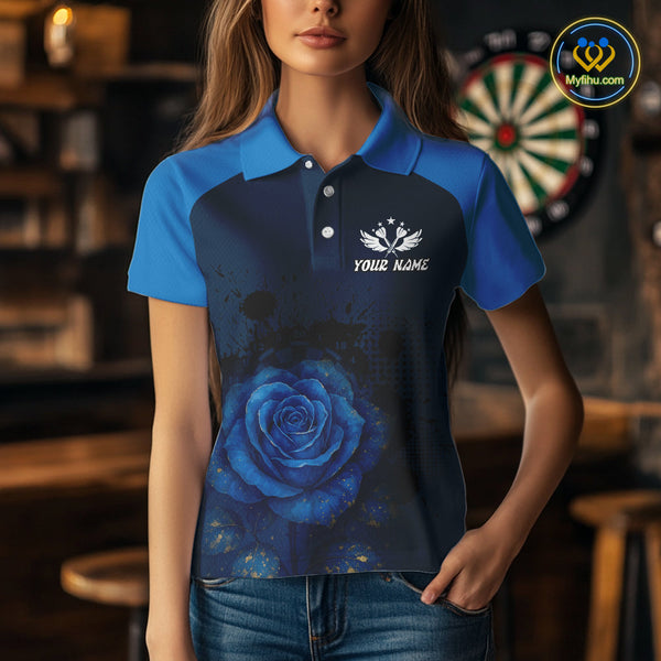 Custom Black And Blue Roses Dart Polo Shirt For Women, Dart Jerseys Team Uniform NYN0410