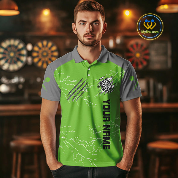 Custom Gray And Green Thunder Lightning Claw Marks Dart Team Men Polo Shirts NYN0419