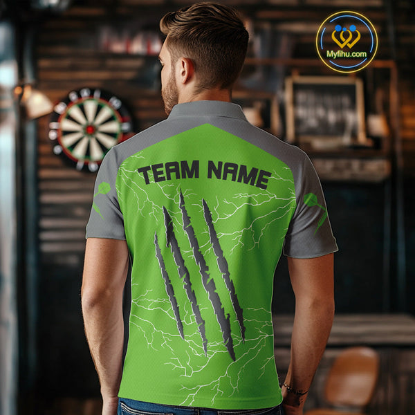 Custom Gray And Green Thunder Lightning Claw Marks Dart Team Men Polo Shirts NYN0419