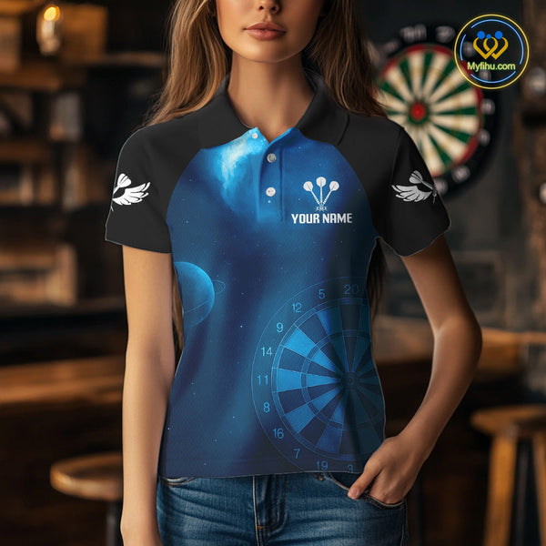 Custom Blue Galaxy Sky Dart Team Polo Shirts For Women, Dart Jerseys NYN0422