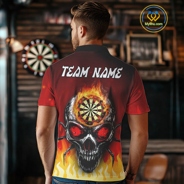 Custom Fire Flame Skull Dartboard Dart Polo Shirts For Men, Halloween Dart Team Outfit NYN0227