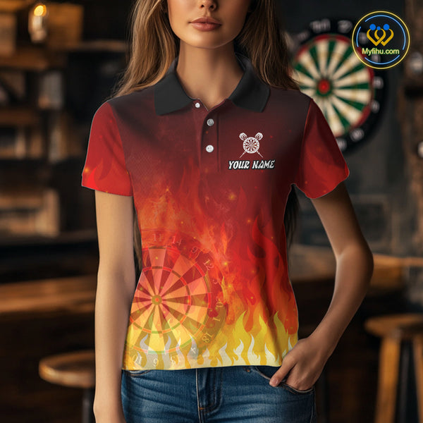 Custom Fire Flame Skull Dartboard Dart Polo Shirts For Women, Halloween Dart Team Outfit NYN0227