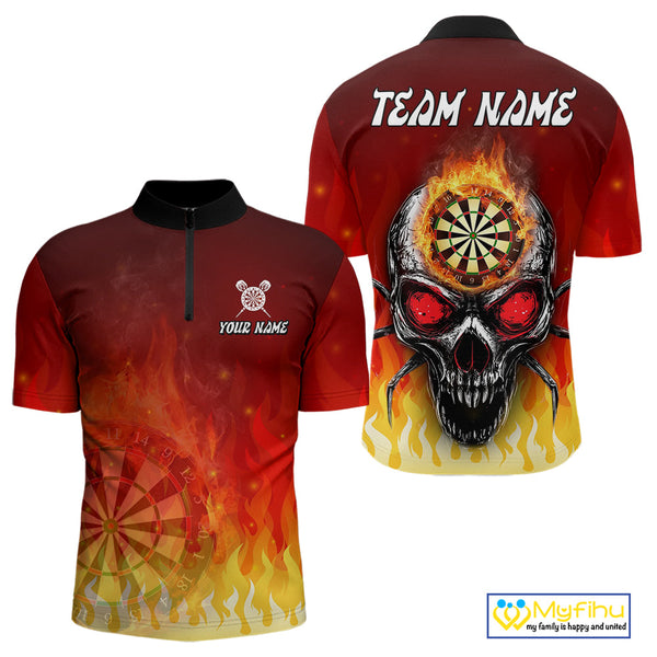 Custom Fire Flame Skull Dartboard Dart Quarter-Zip Shirts For Men, Halloween Dart Team Outfit NYN0227