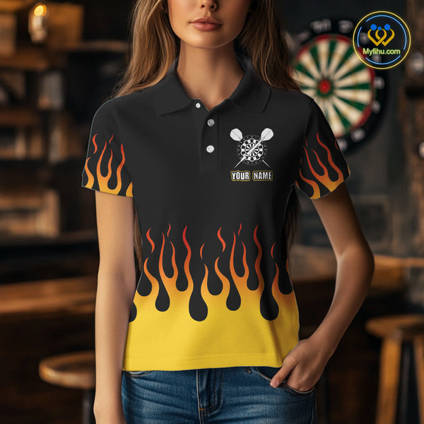 Custom Yellow Flame Skull Darts Polo Shirts For Women, Halloween Dart League Shirt NYN0068