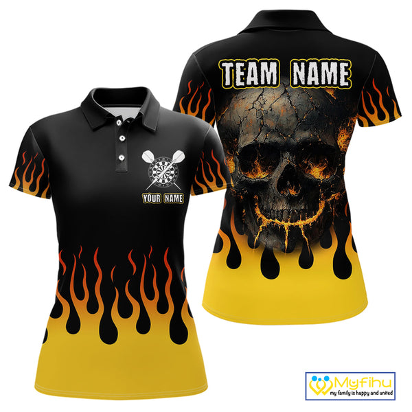 Custom Yellow Flame Skull Darts Polo Shirts For Women, Halloween Dart League Shirt NYN0068