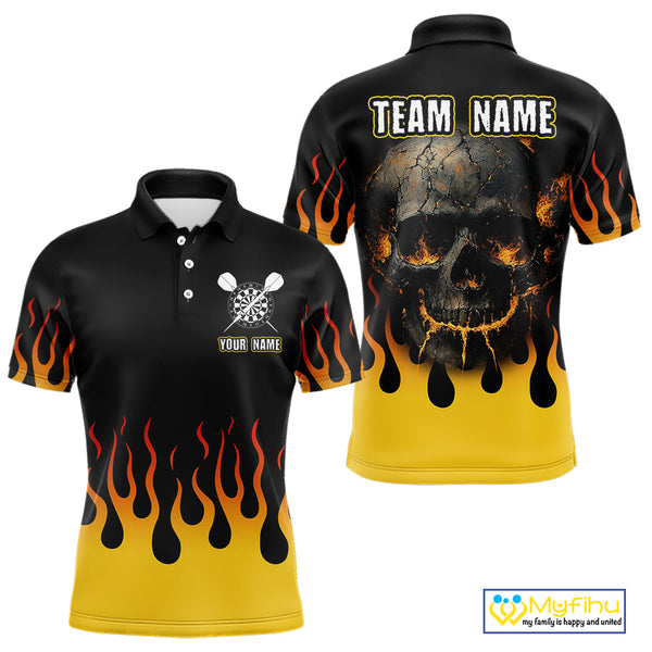 Custom Yellow Flame Skull Darts Polo Shirts For Men, Halloween Dart League Shirt NYN0068