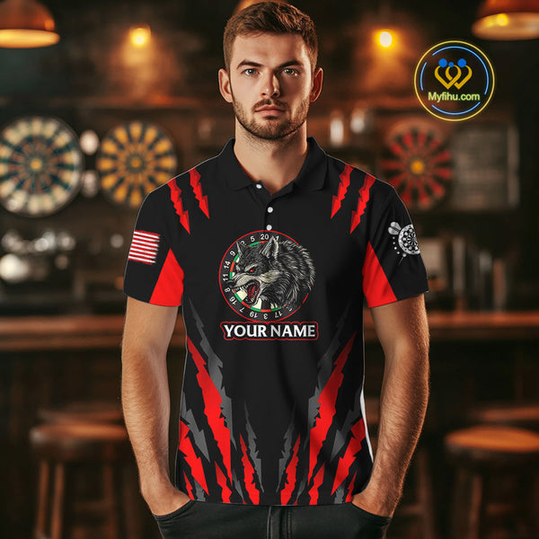 Custom Black And Red Wolf Darts Polo Shirts For Men, Dart Tournament Team Shirt NYN0073