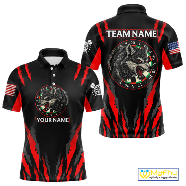 Custom Black And Red Wolf Darts Polo Shirts For Men, Dart Tournament Team Shirt NYN0073