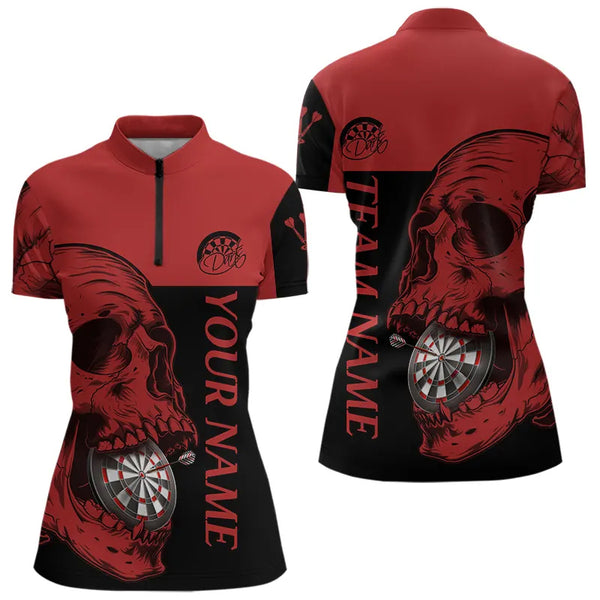 Custom Black And Red Skull Dart Quarter-Zip Shirts For Women, Halloween Dart Team Outfit NYN0050