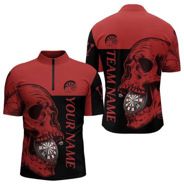 Custom Black And Red Skull Dart Quarter-Zip Shirts For Men, Halloween Dart Team Outfit NYN0050