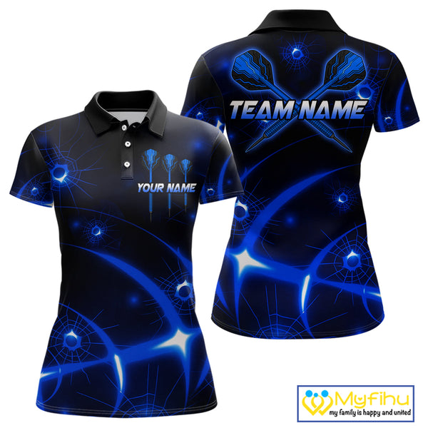 Custom Black And Blue Shattered Glass Dart Polo Shirts For Women, Dart Jerseys NYN0718