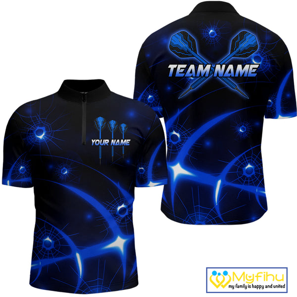Custom Black And Blue Shattered Glass Dart Quarter-Zip Shirts For Men, Dart Jerseys NYN0718