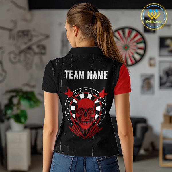 Custom Grunge Black And Red Skull Dart Team Polo Shirts For Women, Halloween Dart Outfit NYN0116