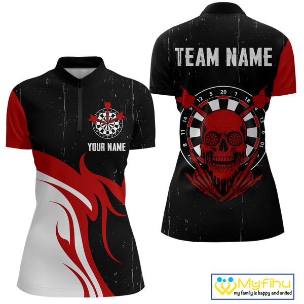Custom Grunge Black And Red Skull Dart Team Women Quarter-Zip Shirt, Halloween Dart Outfit NYN0116