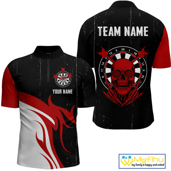 Custom Grunge Black And Red Skull Dart Team Quarter-Zip Shirts For Men, Halloween Dart Outfit NYN0116