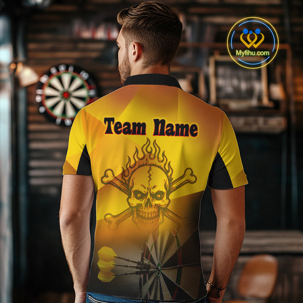 Custom Black And Gold Flame Skull Dart Team Men Polo Shirts, Halloween Dart Outfit NYN0256