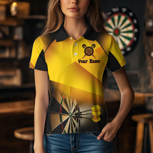 Custom Black And Gold Flame Skull Dart Team Women Polo Shirts, Halloween Dart Outfit NYN0256