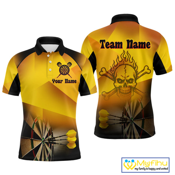 Custom Black And Gold Flame Skull Dart Team Men Polo Shirts, Halloween Dart Outfit NYN0256