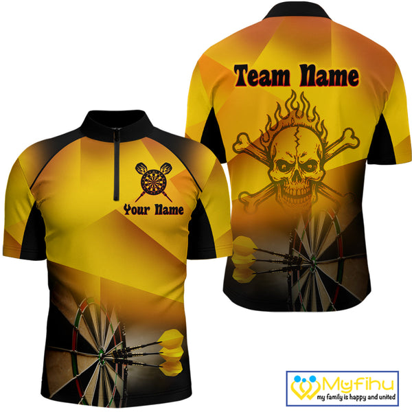 Custom Black And Gold Flame Skull Dart Team Men Quarter-Zip Shirts, Halloween Dart Outfit NYN0256