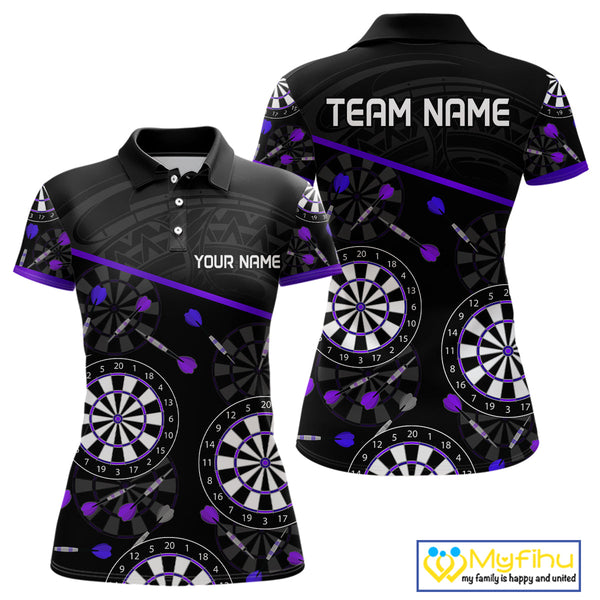 Custom Black And Purple Tribal Dart Team Polo Shirts For Women, Dart Legue Shirt NYN0264