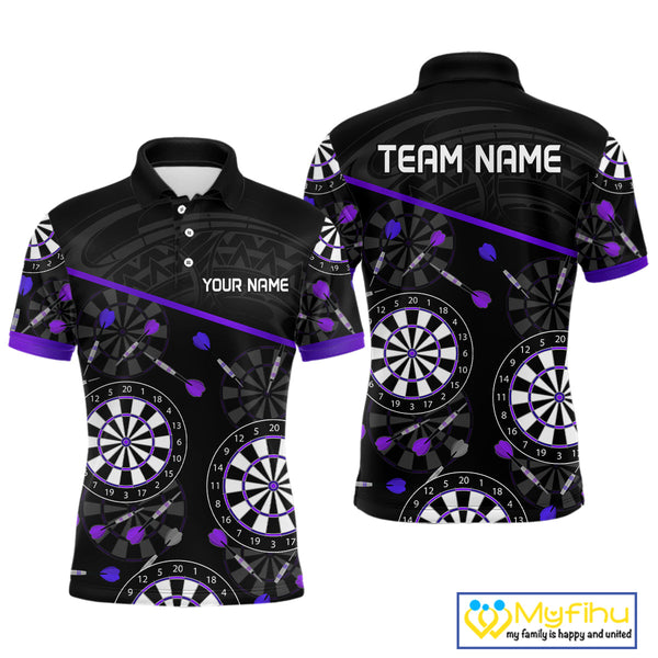 Custom Black And Purple Tribal Dart Team Polo Shirts For Men, Dart Legue Shirt NYN0264