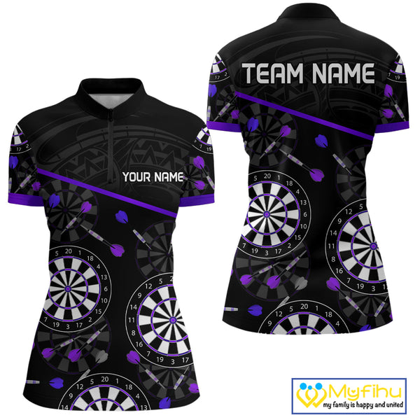 Custom Black And Purple Tribal Dart Team Quarter-Zip Shirts For Women, Dart Legue Shirt NYN0264