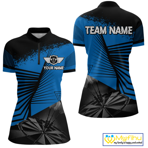 Custom Black And Blue Dart Jerseys, Dart Team Outfit Quarter-Zip Shirts For Women NYN0285