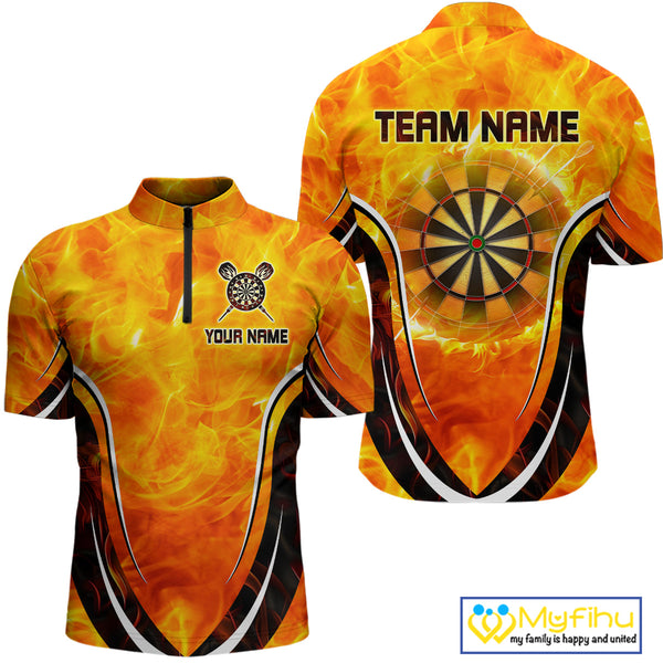 Custom Fire Flame Dartboard Dart Team Men Quarter-Zip Shirts, Dart League Shirt NYN0298