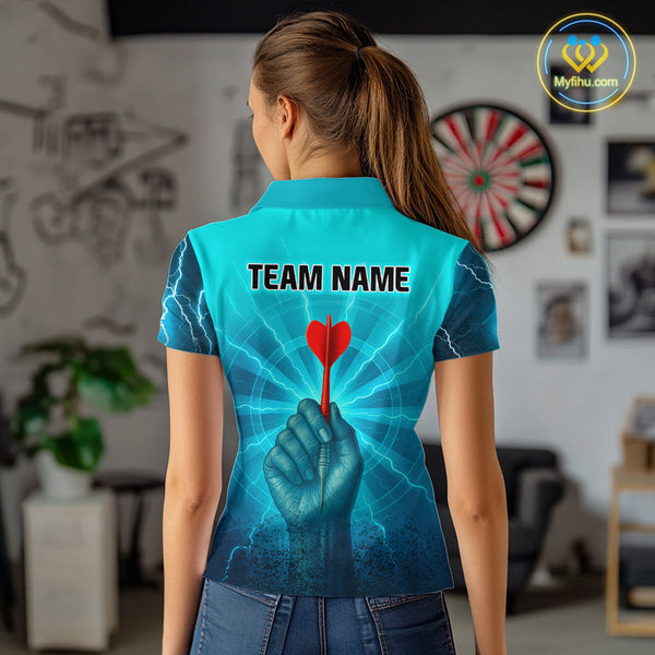 Custom Blue Thunder Lightning Darts Team Polo Shirts For Women, Dart Jersey NYN0316