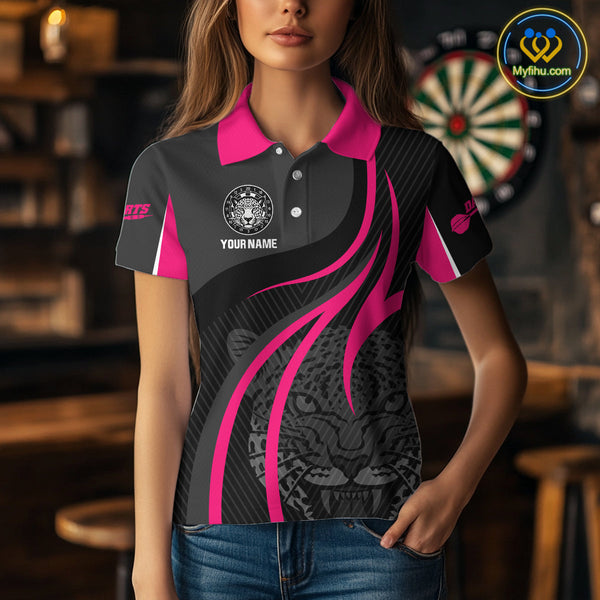 Custom Black And Pink Panther Dart Jerseys, Panther Dart Women Polo Shirt With Team Name NYN0325