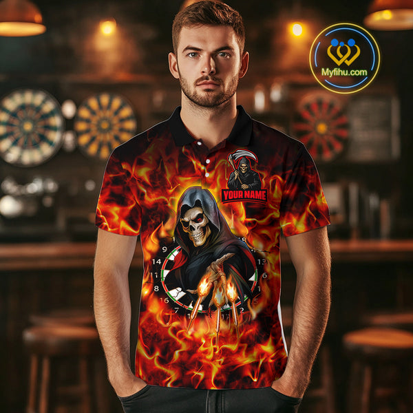 Custom Red Fire Flame Grim Reaper Dart Men Polo Shirt, Halloween Skull Dart Outfit NYN0585