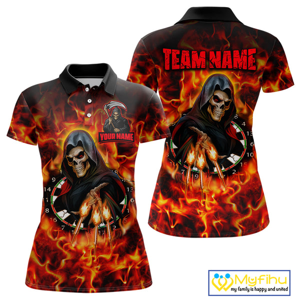 Custom Red Fire Flame Grim Reaper Dart Women Polo Shirt, Halloween Skull Dart Outfit NYN0585