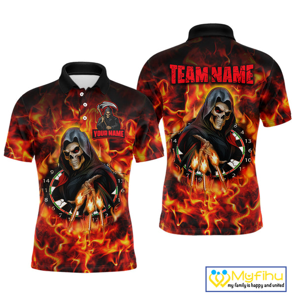 Custom Red Fire Flame Grim Reaper Dart Men Polo Shirt, Halloween Skull Dart Outfit NYN0585