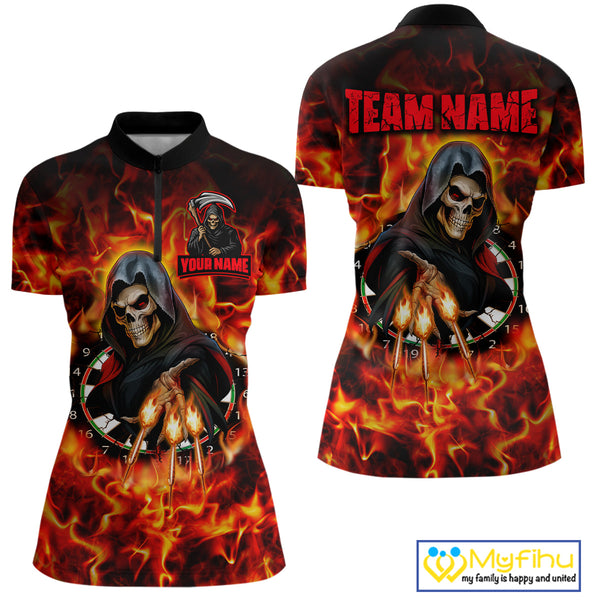 Custom Red Fire Flame Grim Reaper Dart Women Quarter-Zip Shirt, Halloween Dart Outfit NYN0585